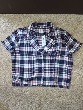 Garage Navy Red White Plaid Cropped Button-Up Top
